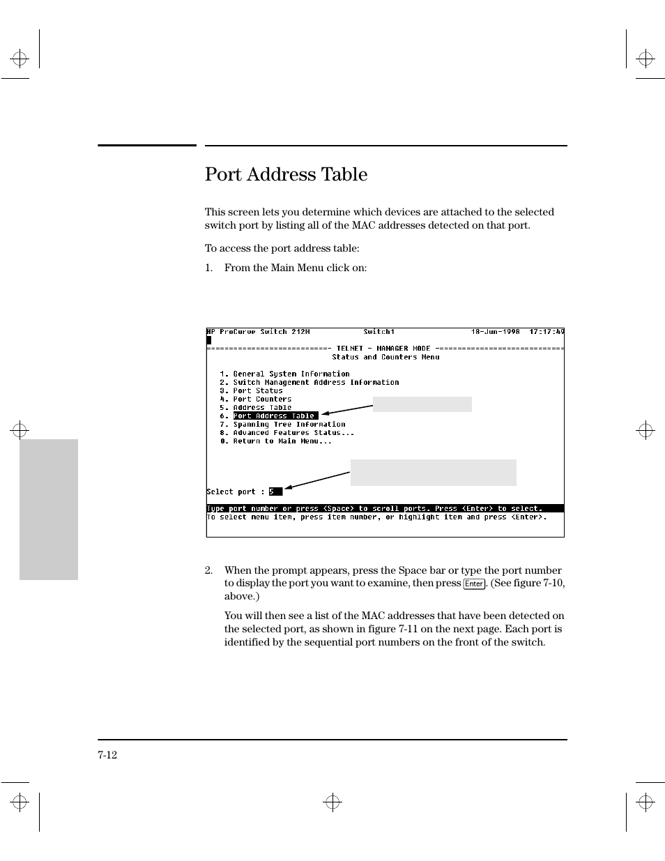 Port address table | HP 212M User Manual | Page 120 / 166