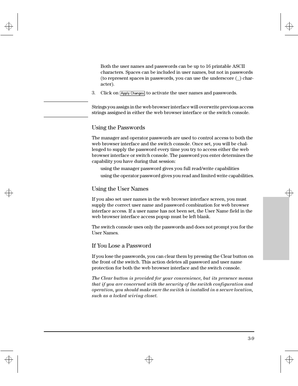 Using the passwords, Using the user names, If you lose a password | HP 212M User Manual | Page 29 / 166