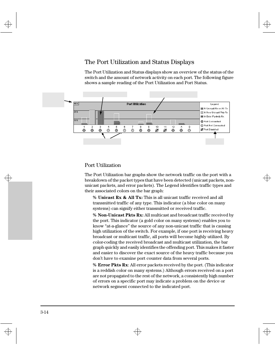 The port utilization and status displays, Port utilization, The port utilization and status displays -14 | HP 212M User Manual | Page 34 / 166
