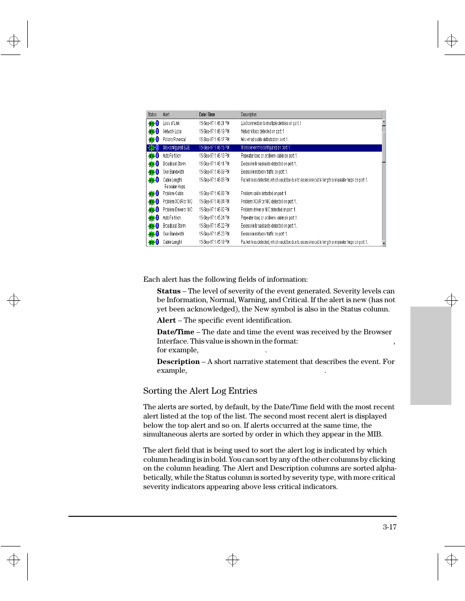 Sorting the alert log entries | HP 212M User Manual | Page 37 / 166