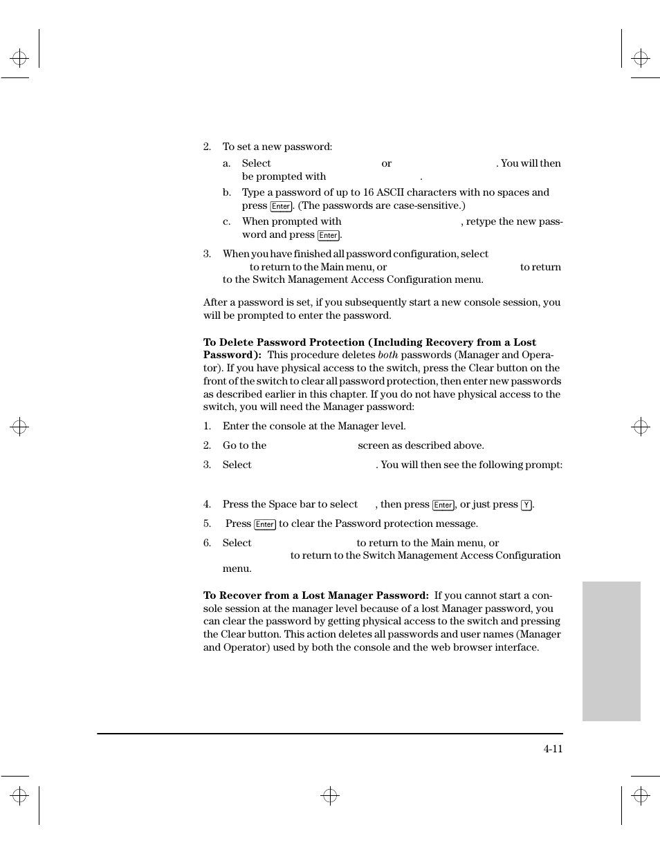 To delete password protection (including recovery, To recover from a lost manager password | HP 212M User Manual | Page 57 / 166