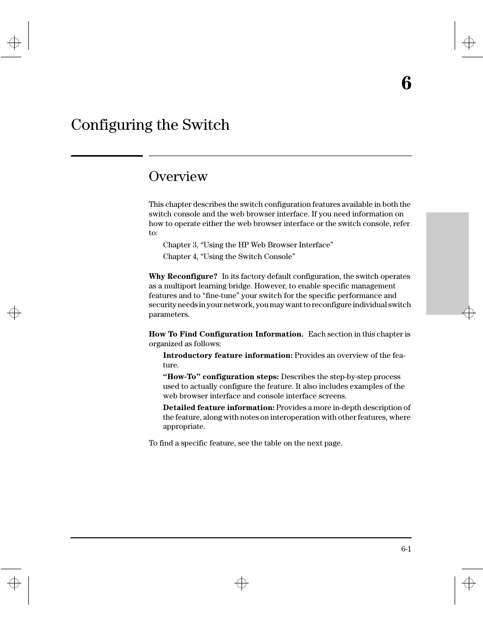 Chapter 6: configuring the switch, Overview, Why reconfigure | How to find configuration information, 6 configuring the switch, Configuring the switch | HP 212M User Manual | Page 65 / 166