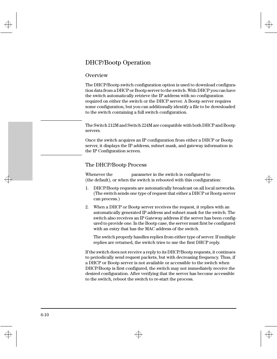 Dhcp/bootp operation, Overview, The dhcp/bootp process | HP 212M User Manual | Page 74 / 166