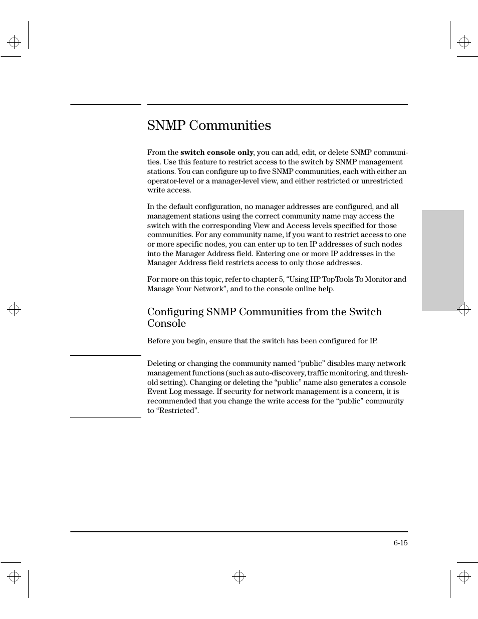 Snmp communities, Configuring snmp communities from the switch conso | HP 212M User Manual | Page 79 / 166
