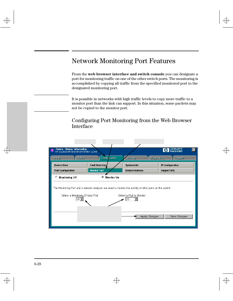 Network monitoring port features, Configuring port monitoring from the web browser i | HP 212M User Manual | Page 92 / 166