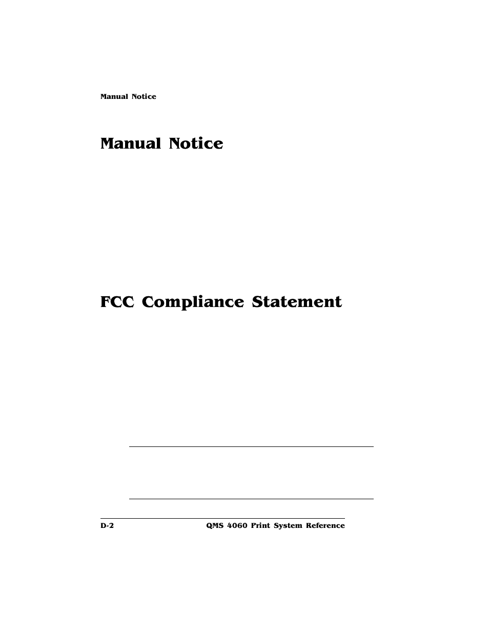 Manual notice, Fcc compliance statement | HP QMS 4060 User Manual | Page 212 / 232
