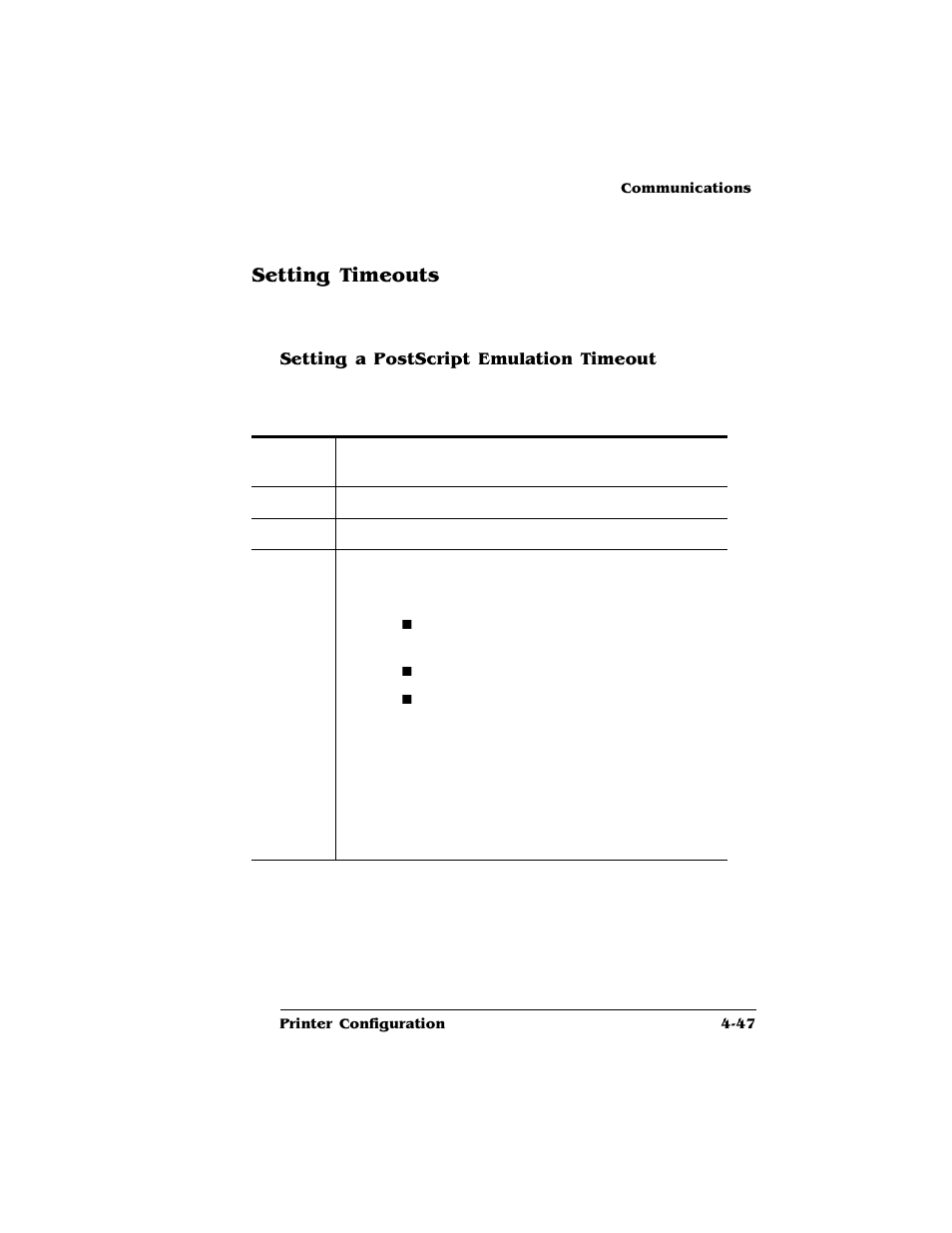 Setting timeouts, Setting a postscript emulation timeout, Setting timeouts 4-47 | HP QMS 4060 User Manual | Page 81 / 232