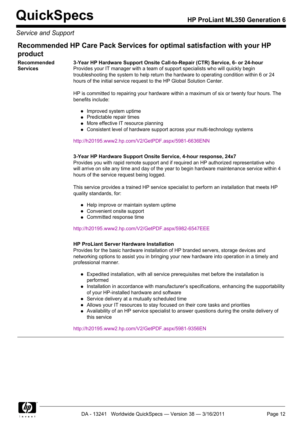 Quickspecs | HP PROLIANT ML350 G6 User Manual | Page 12 / 54