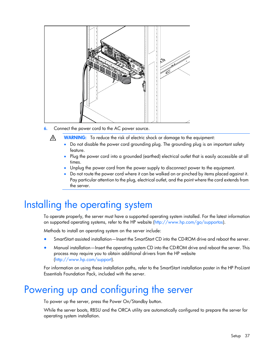 Installing the operating system, Powering up and configuring the server | HP DL380 G7 User Manual | Page 37 / 126