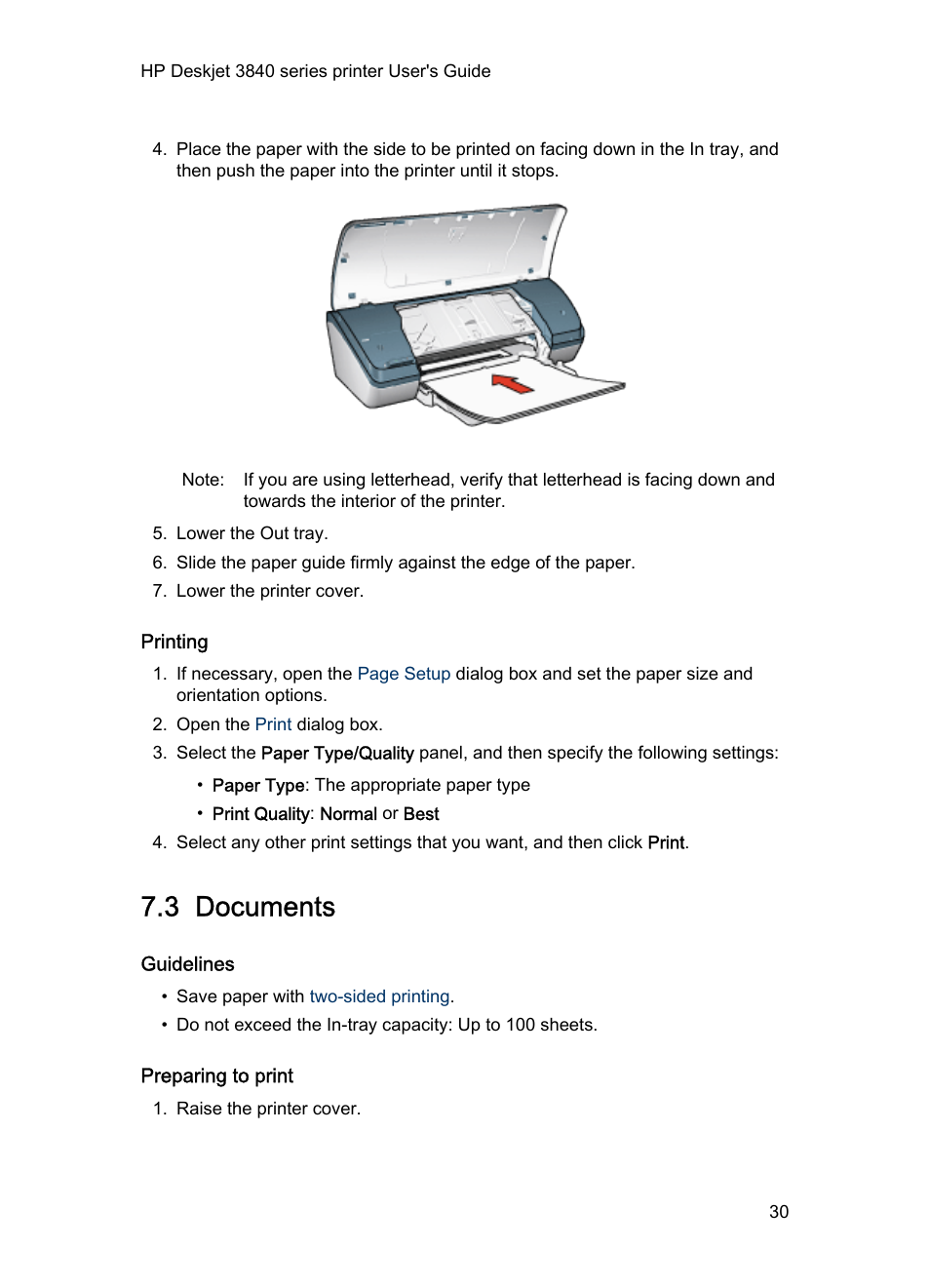 Printing, 3 documents, Guidelines | Preparing to print, Documents | HP 3840 User Manual | Page 30 / 95