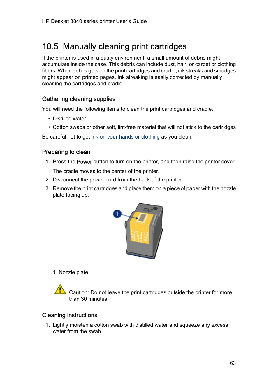 5 manually cleaning print cartridges, Gathering cleaning supplies, Preparing to clean | Cleaning instructions, Manually cleaning print cartridges | HP 3840 User Manual | Page 63 / 95