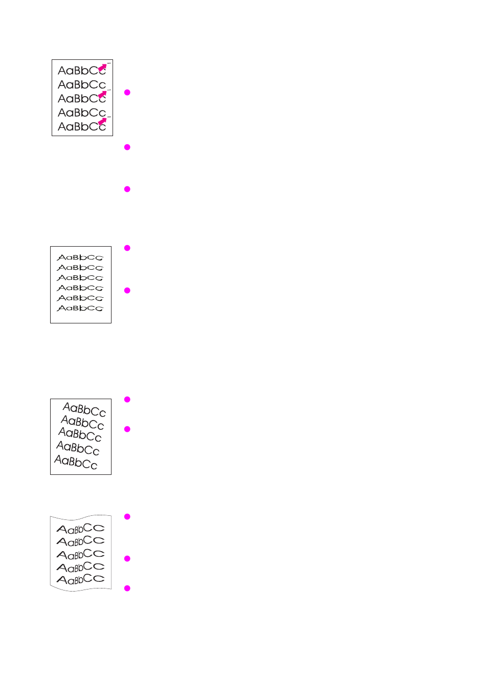 Vertical repetitive defects, Misformed characters, Curl or wave | Vertical repetitive, Defects, Misformed, Characters, The toner car, Page skew | HP 2100 M  EN User Manual | Page 107 / 184
