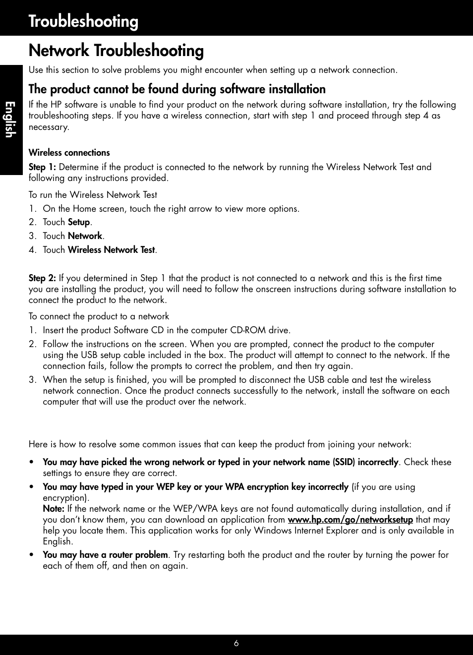 Troubleshooting network troubleshooting, English | HP B209 User Manual | Page 6 / 24