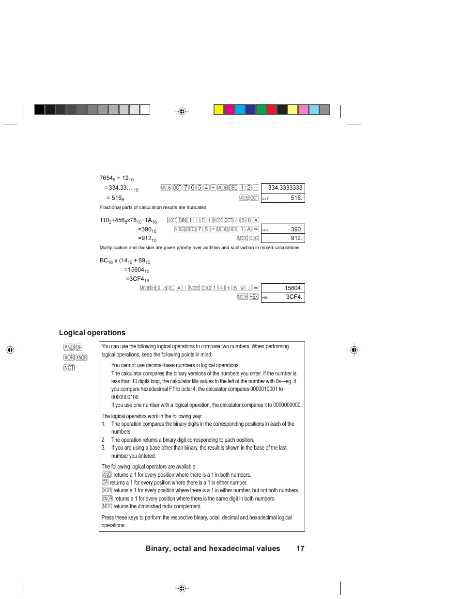 Logical operations, Binary, octal and hexadecimal values | HP 6S User Manual | Page 17 / 21