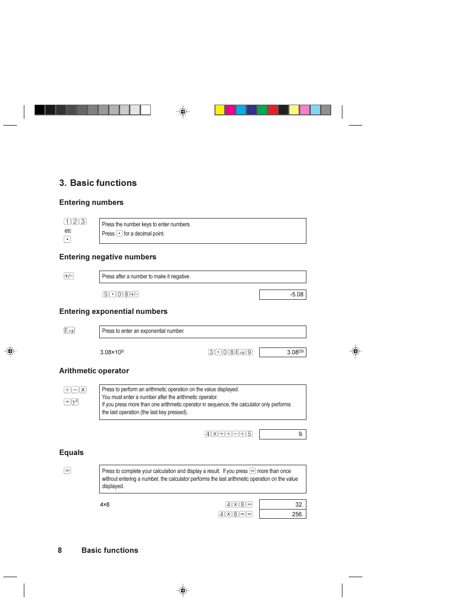 Basic functions, Entering numbers, Entering negative numbers | Entering exponentional numbers, Arithmetic operator, Equals | HP 6S User Manual | Page 8 / 21
