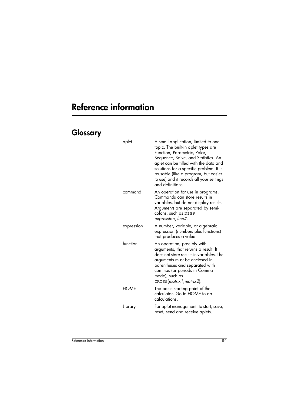 Glossary, Rreference information | HP 39g+ User Manual | Page 259 / 294