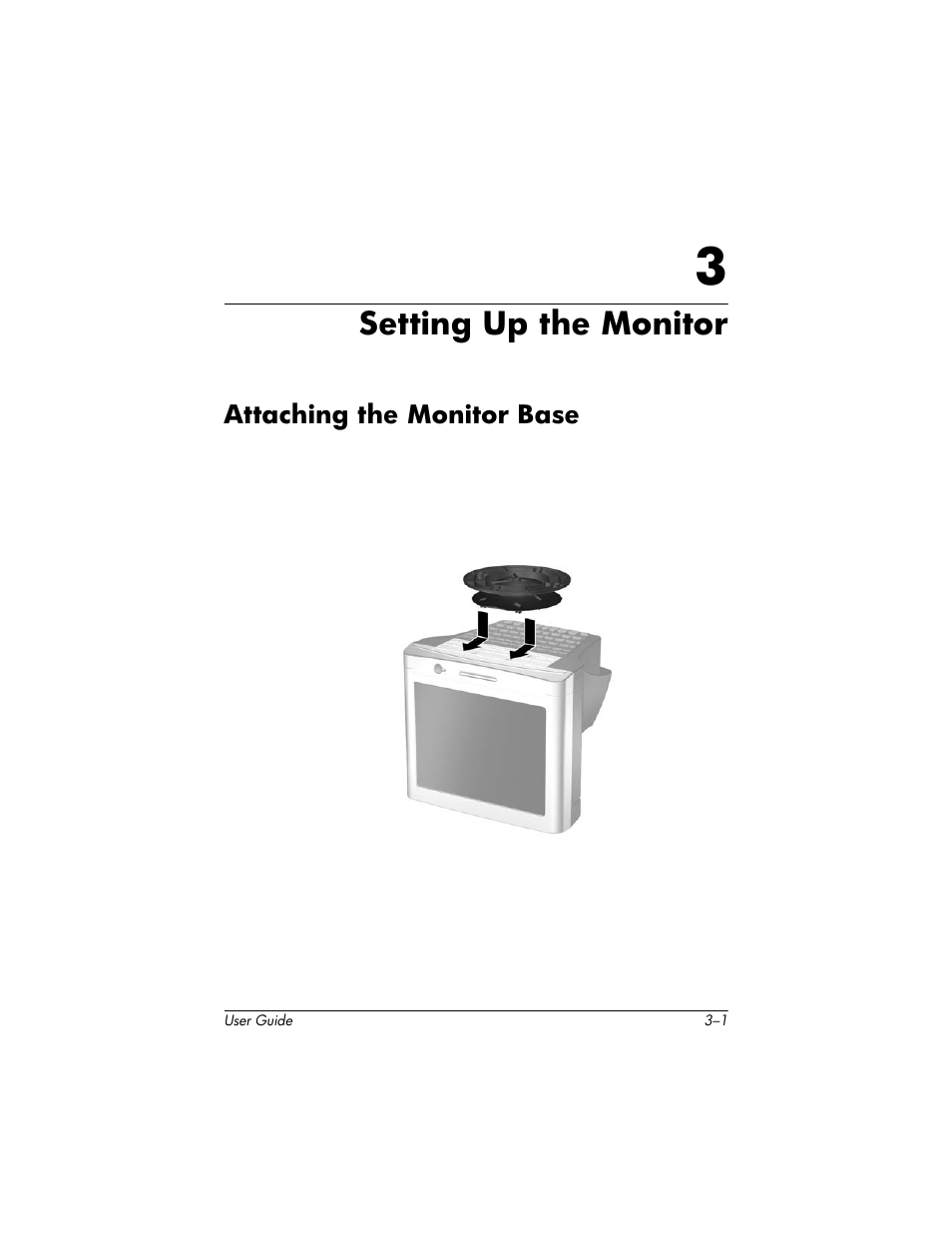 Setting up the monitor, Attaching the monitor base, Attaching the monitor base –1 | HP 75 User Manual | Page 11 / 44