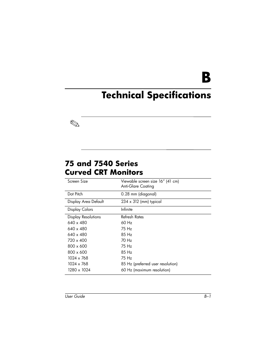 Technical specifications, 75 and 7540 series curved crt monitors, 75 and 7540 series | HP 75 User Manual | Page 33 / 44