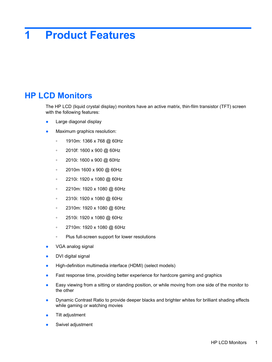 Product features, Hp lcd monitors, 1 product features | 1product features | HP 2010 User Manual | Page 7 / 49