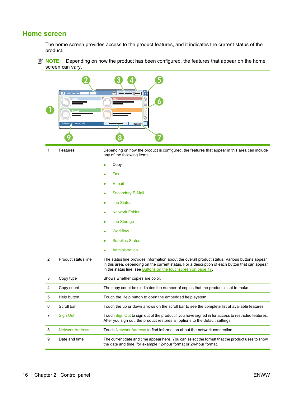 Home screen | HP CM3530 User Manual | Page 30 / 302