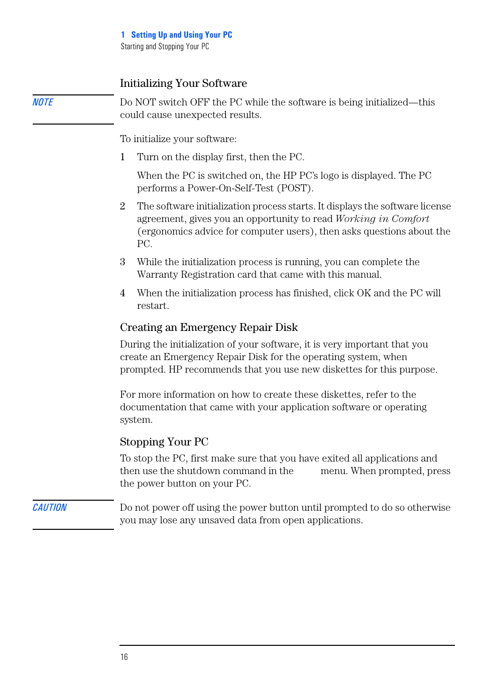 Initializing your software, Creating an emergency repair disk, Stopping your pc | HP VECTRA VL800 User Manual | Page 16 / 72