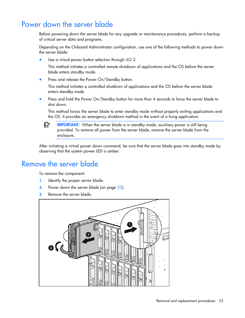 Power down the server blade, Remove the server blade | HP BL465C User Manual | Page 23 / 66