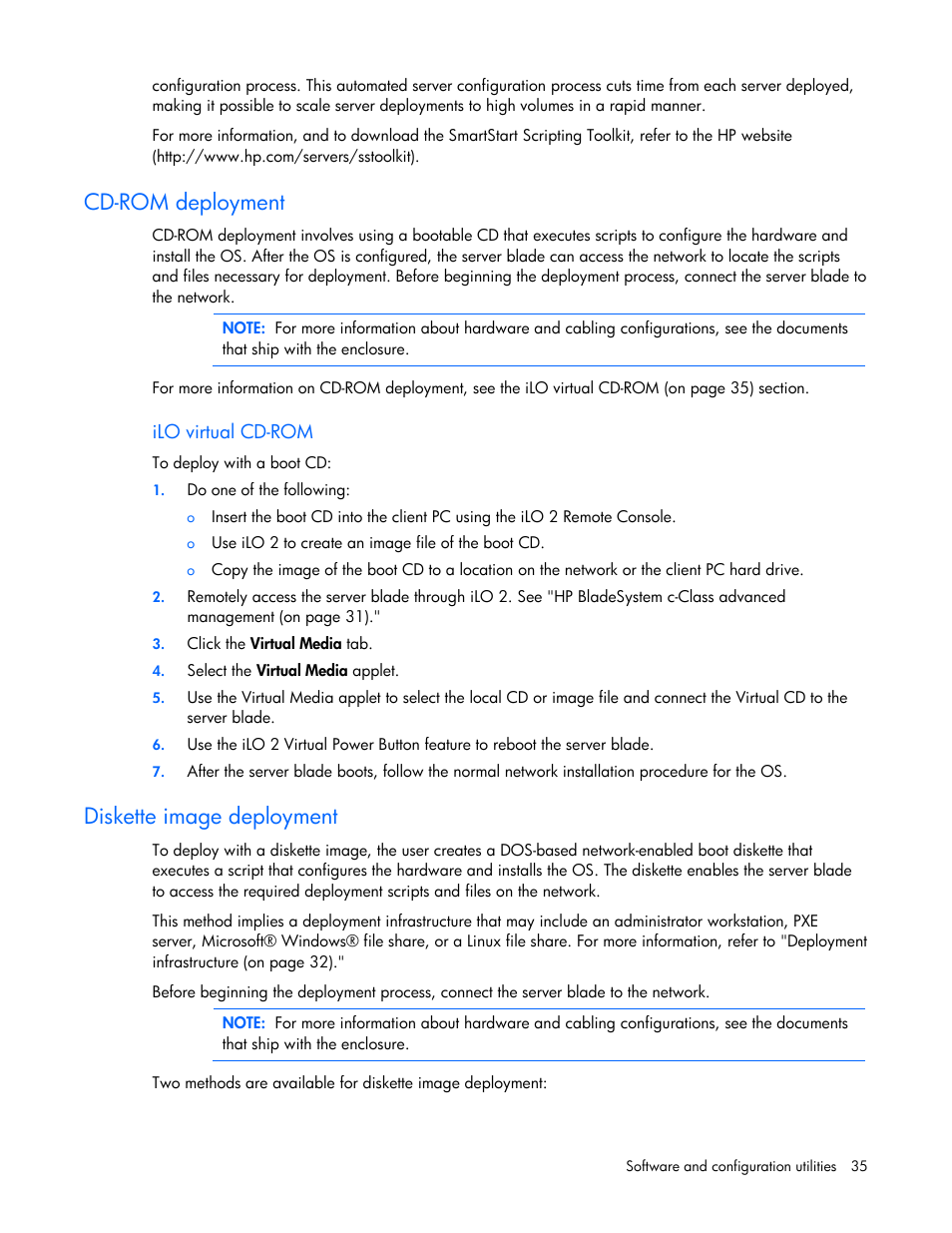 Cd-rom deployment, Diskette image deployment | HP PROLIANT 580554-001 User Manual | Page 35 / 87