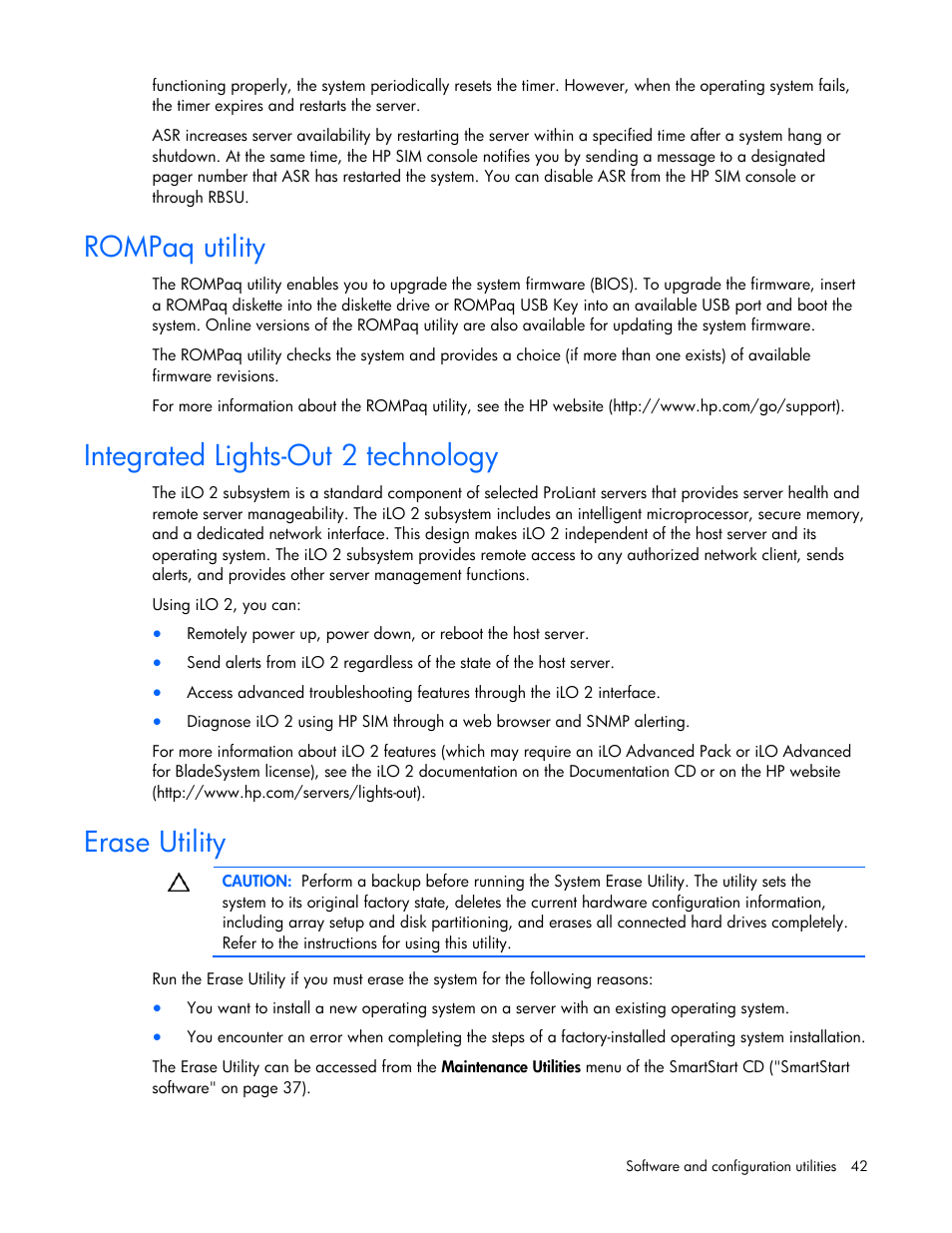 Rompaq utility, Integrated lights-out 2 technology, Erase utility | HP PROLIANT 580554-001 User Manual | Page 42 / 87
