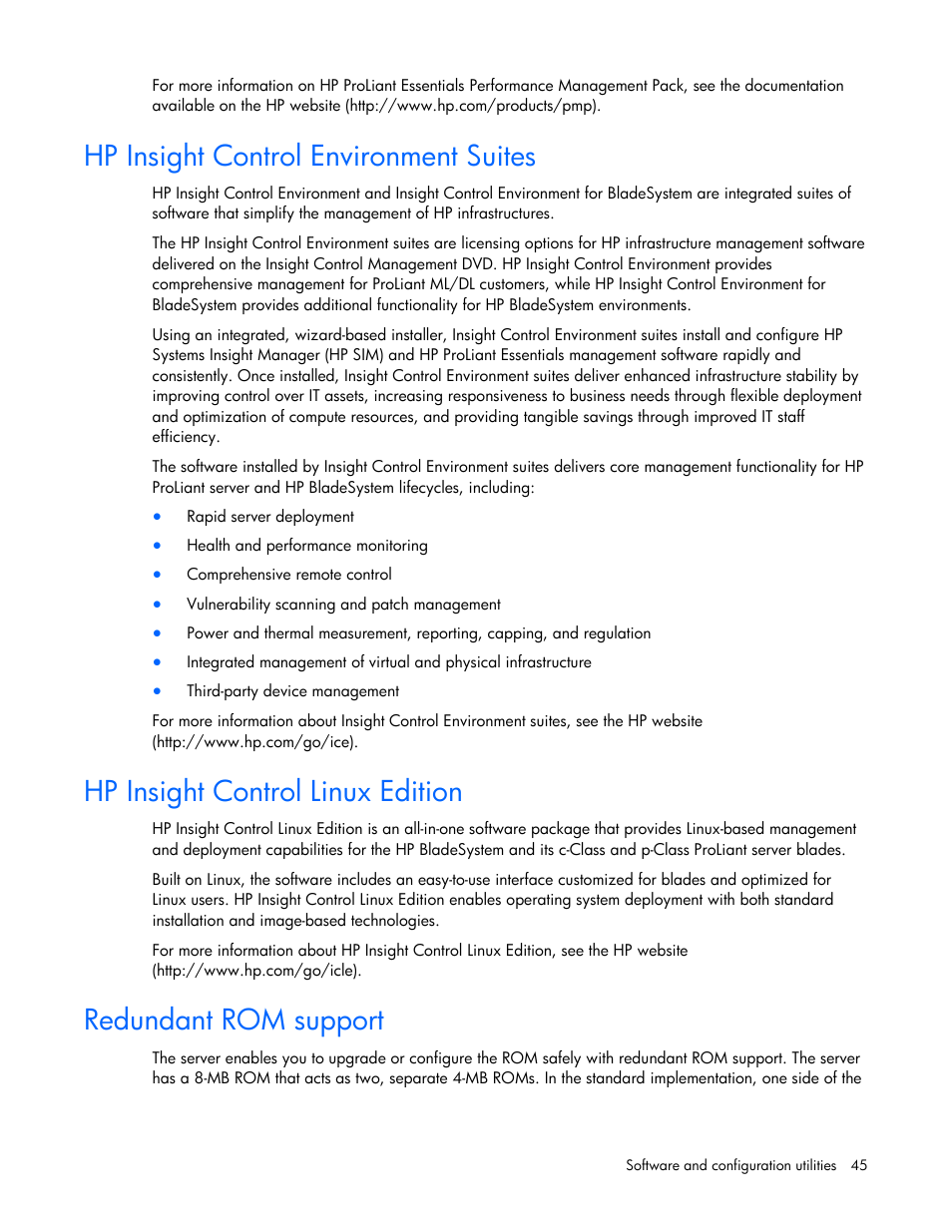 Hp insight control environment suites, Hp insight control linux edition, Redundant rom support | HP PROLIANT 580554-001 User Manual | Page 45 / 87