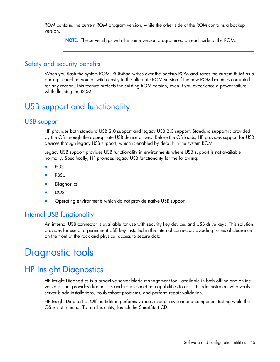 Safety and security benefits, Usb support and functionality, Usb support | Internal usb functionality, Diagnostic tools, Hp insight diagnostics | HP PROLIANT 580554-001 User Manual | Page 46 / 87