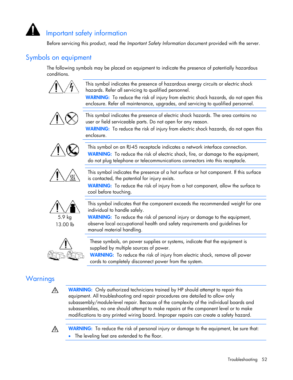 Symbols on equipment, Warnings, Important safety information | HP PROLIANT 580554-001 User Manual | Page 52 / 87