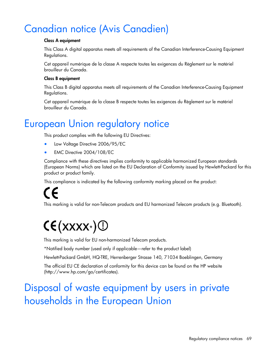 Canadian notice (avis canadien), European union regulatory notice | HP PROLIANT 580554-001 User Manual | Page 69 / 87