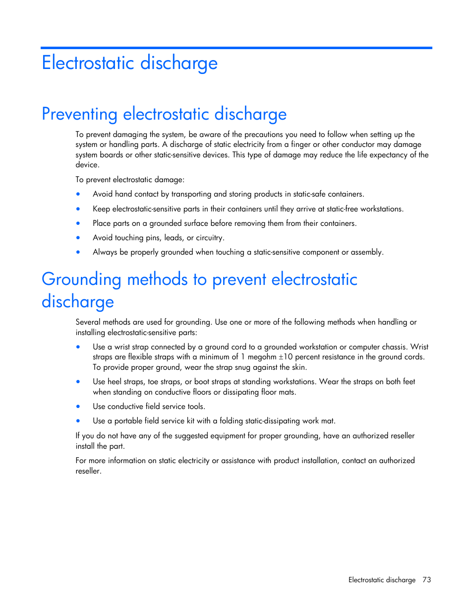 Electrostatic discharge, Preventing electrostatic discharge | HP PROLIANT 580554-001 User Manual | Page 73 / 87