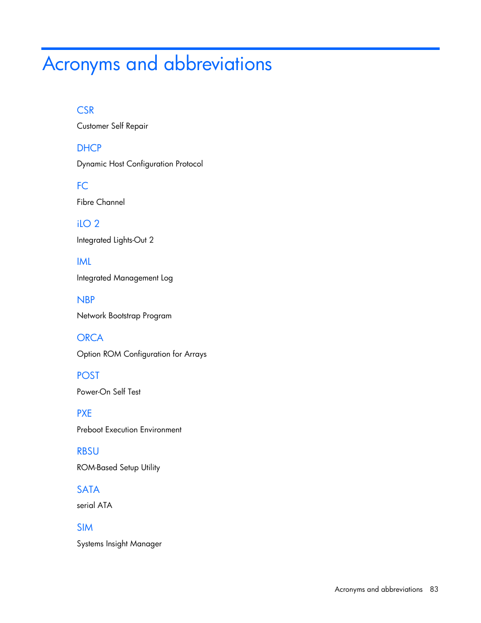Acronyms and abbreviations | HP PROLIANT 580554-001 User Manual | Page 83 / 87