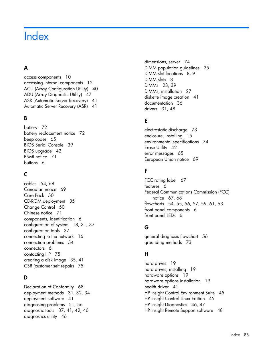 Index | HP PROLIANT 580554-001 User Manual | Page 85 / 87