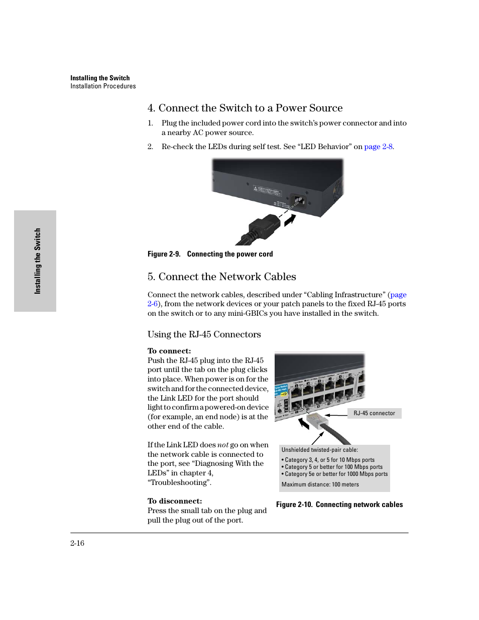 Connect the switch to a power source, Connect the network cables, Using the rj-45 connectors | Connect the switch to a power source -16, Connect the network cables -16, Using the rj-45 connectors -16 | HP PROCURVE 2610 User Manual | Page 40 / 112