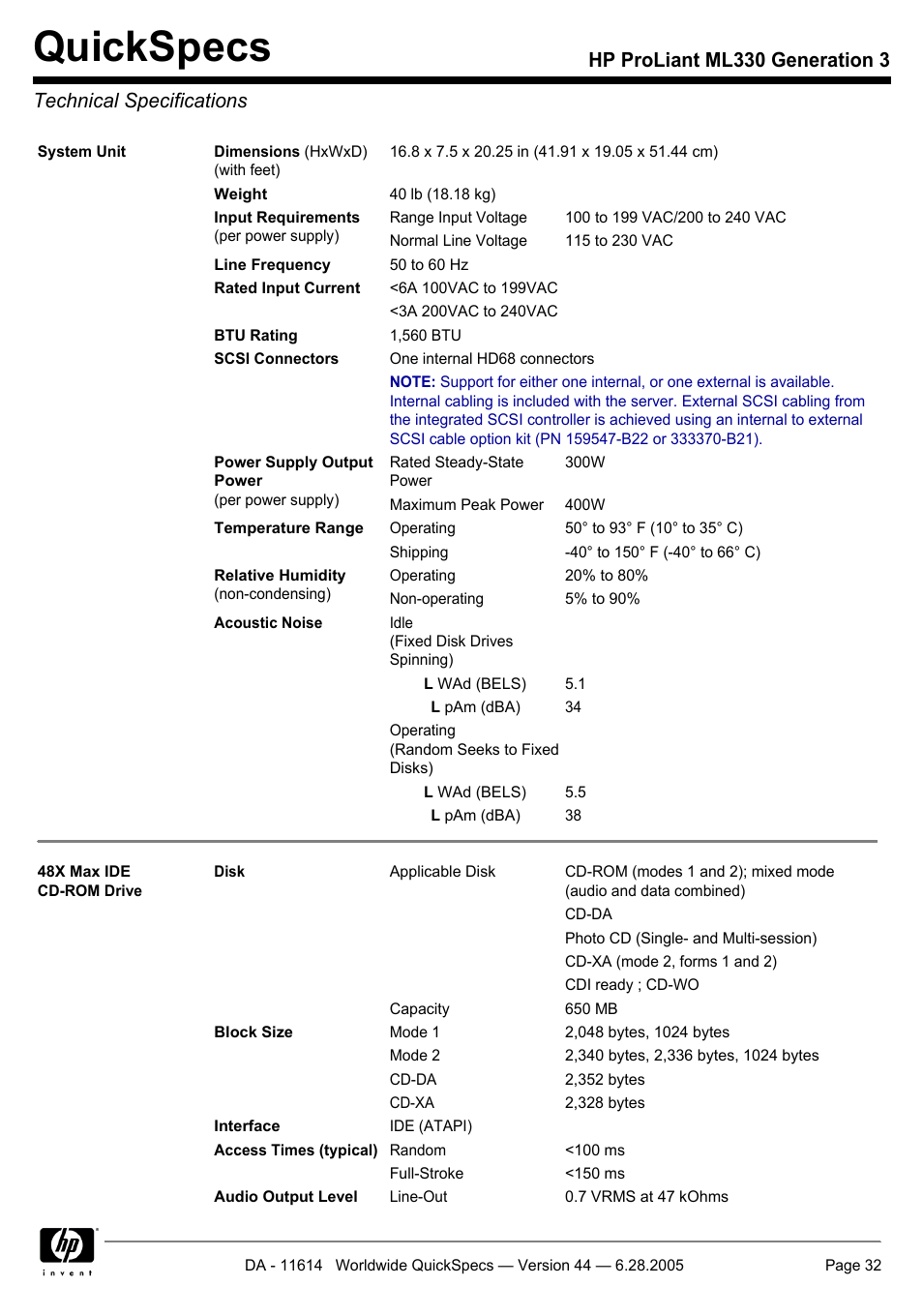 Technical specifications, Quickspecs | HP ProLiant ML330 User Manual | Page 32 / 34
