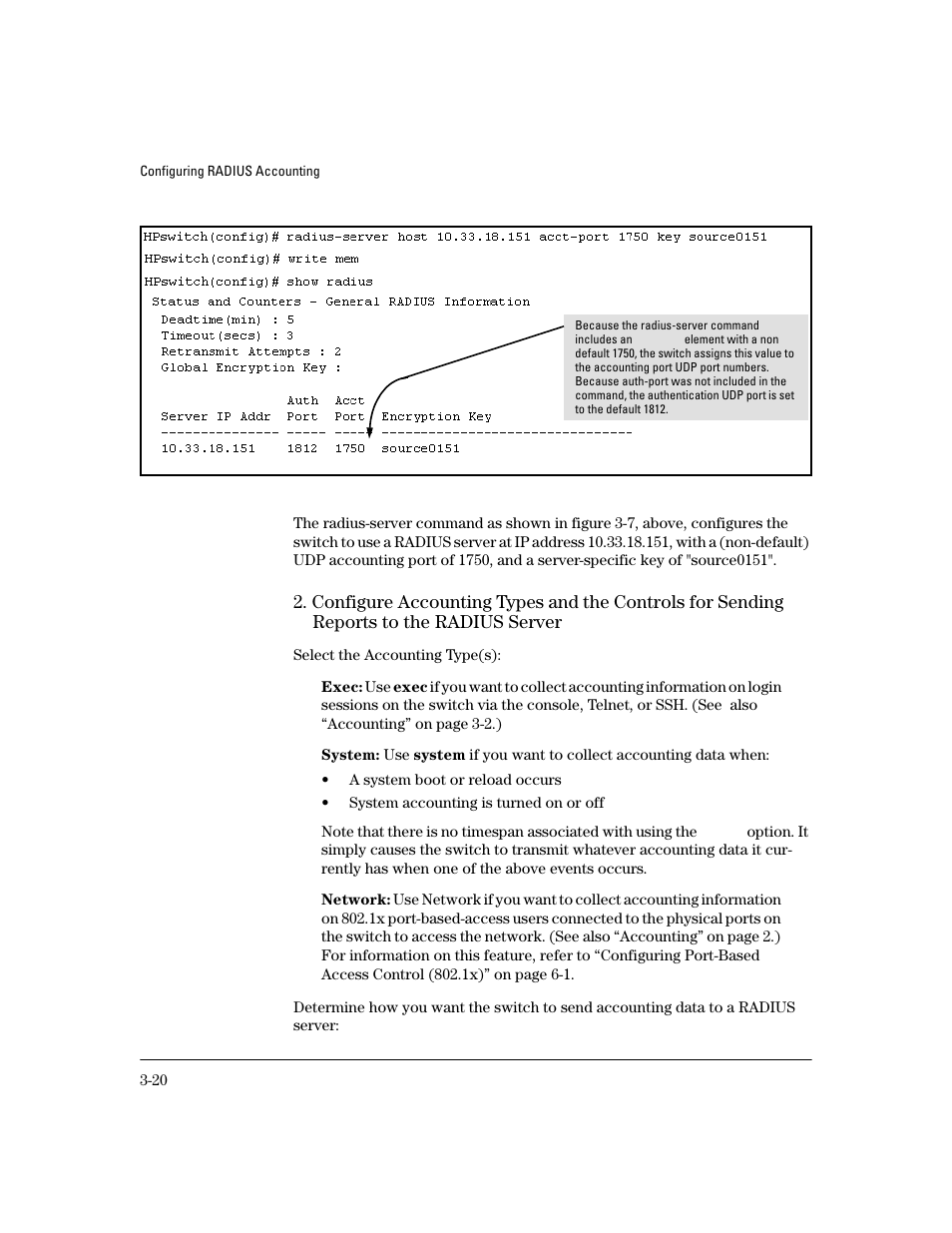 Configure accounting types and the controls for, Sending reports to the radius server -20, Reports to the radius server -20 | HP 4100GL User Manual | Page 74 / 228