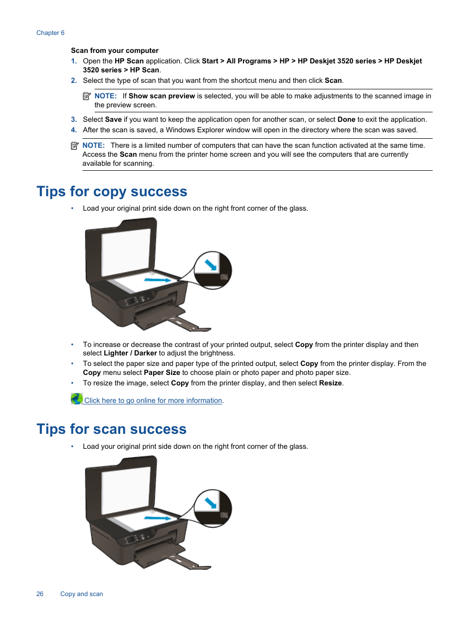 Tips for copy success, Tips for scan success, Tips for copy success tips for scan success | HP 3520 User Manual | Page 28 / 66
