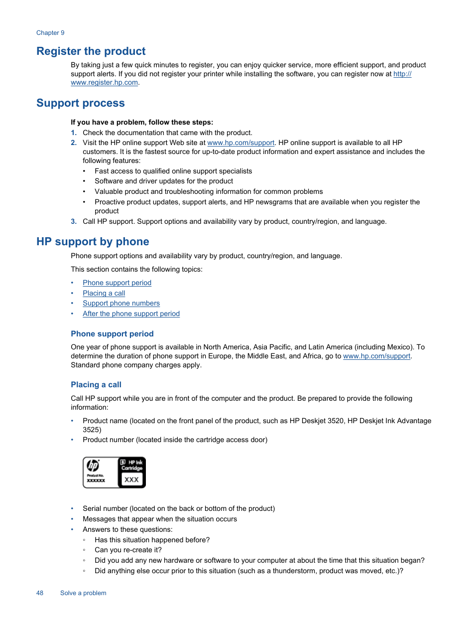 Register the product, Support process, Hp support by phone | Phone support period, Placing a call | HP 3520 User Manual | Page 50 / 66