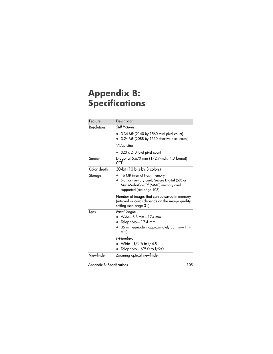 Appendix b: specifications, Storage | HP Photosmart 730 series User Manual | Page 105 / 116