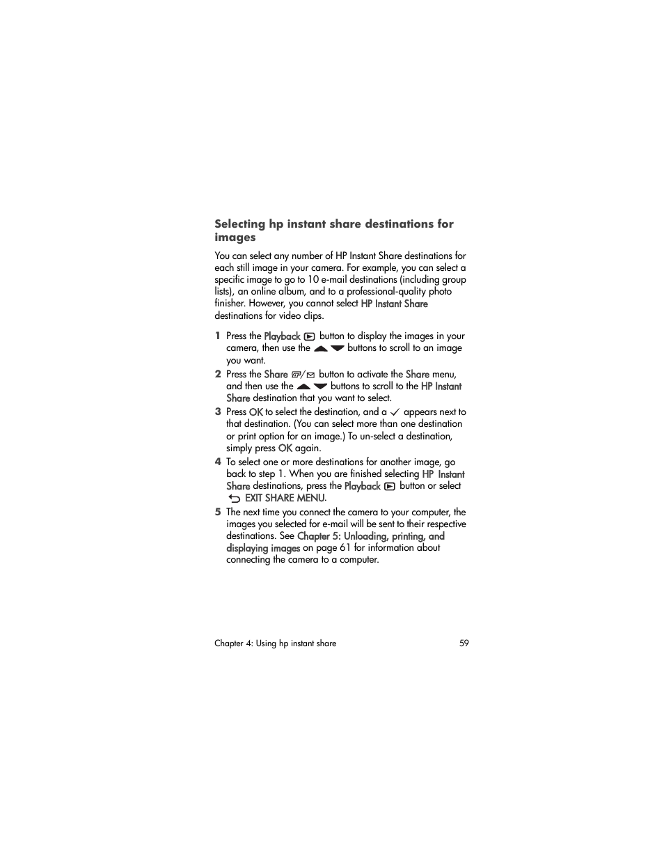 Selecting hp instant share destinations for images, Selecting hp instant share destinations, For images | HP Photosmart 730 series User Manual | Page 59 / 116