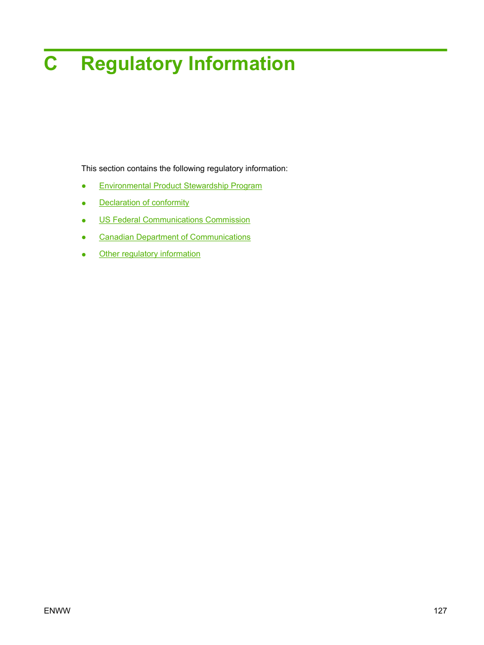 Regulatory information, Appendix c regulatory information, Cregulatory information | HP LASERJET 300 User Manual | Page 135 / 148