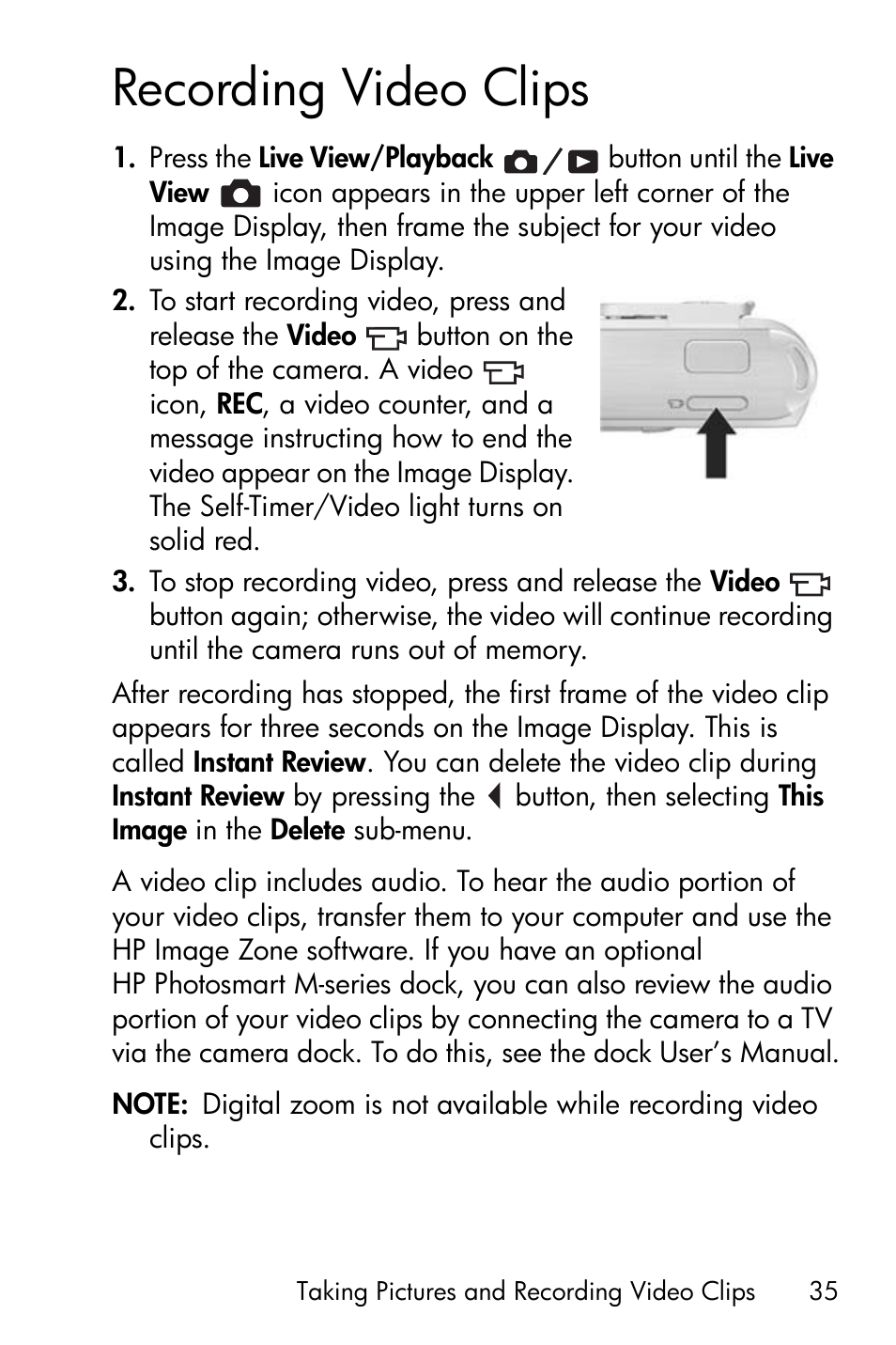 Recording video clips | HP PhotoSmart M22 User Manual | Page 35 / 180