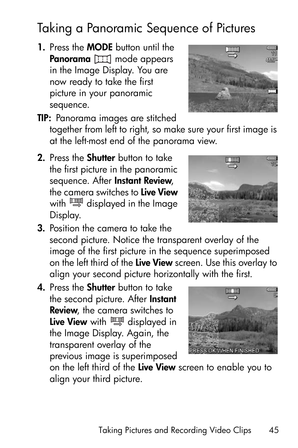 Taking a panoramic sequence of pictures, Taking a panoramic sequence of pictures . 45 | HP PhotoSmart M22 User Manual | Page 45 / 180