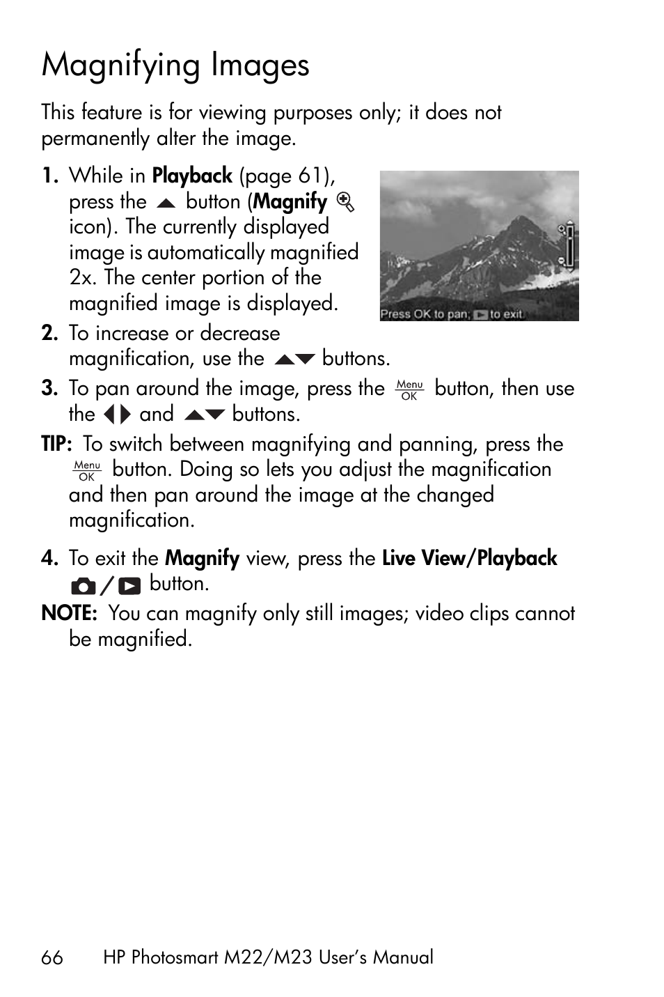Magnifying images, Magnifying images on | HP PhotoSmart M22 User Manual | Page 66 / 180