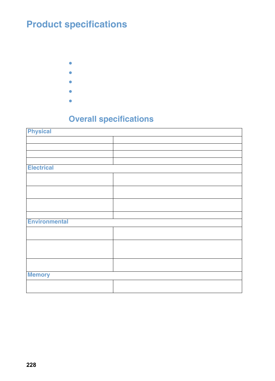 Product specifications, Overall specifications | HP 3200m User Manual | Page 230 / 288