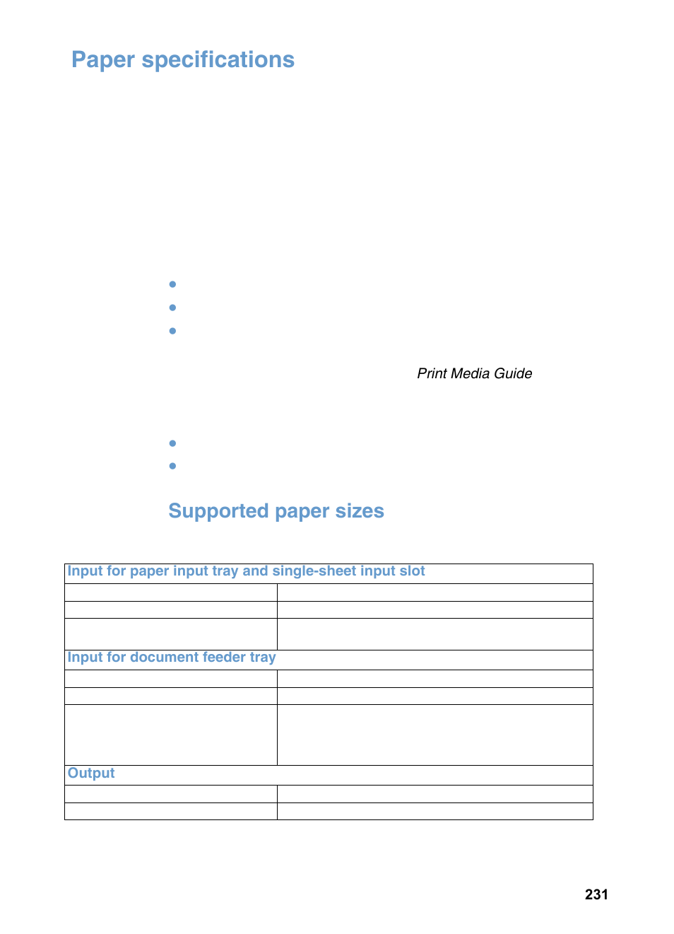 Paper specifications, Supported paper sizes | HP 3200m User Manual | Page 233 / 288