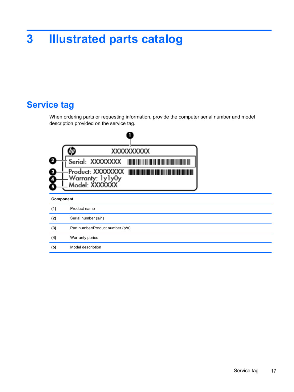 Illustrated parts catalog, Service tag, 3 illustrated parts catalog | 3illustrated parts catalog | HP 1103 User Manual | Page 25 / 101