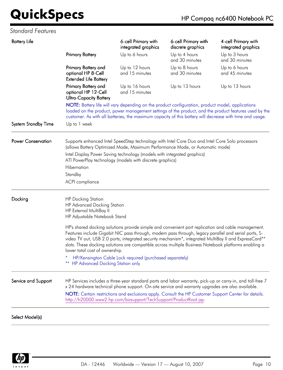 Quickspecs | HP NC6400 User Manual | Page 10 / 44
